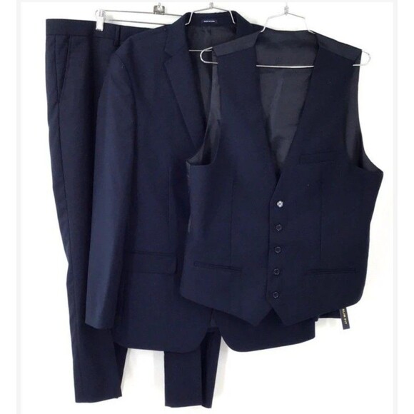 Studio Ferera Mens Slim Fit Navy Blue Suit 3pc Jacket 46R Trousers 40x26 NWT - Picture 2 of 14